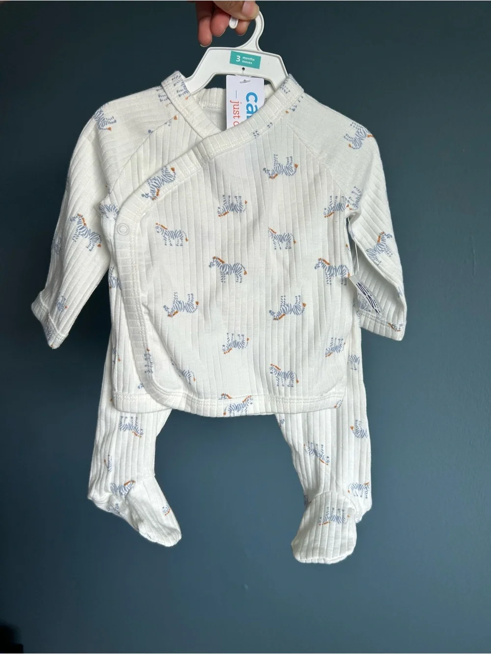 Carter's White Ribbed Zebra Kimono Footed Pajama Set
